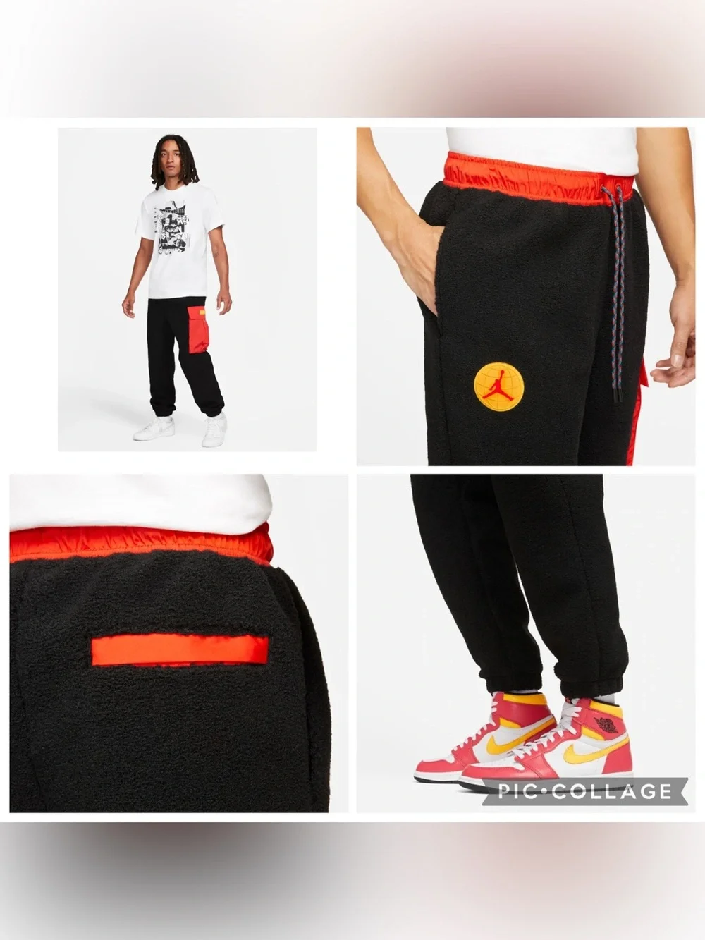 Jordan Essentials Mountainside Sherpa Fleece Cargo Joggers Black Red Size XL